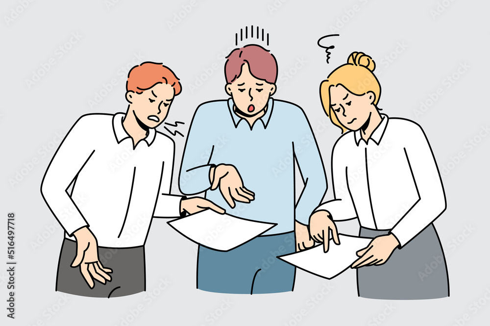 Colleagues fight about company paperwork. Businesspeople have misunderstanding or quarrel at workplace about document or report. Office problems. Vector illustration.  - obrazy, fototapety, plakaty 