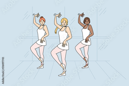 Girls in ballet dresses rehearse together indoors. Diverse ballerinas dancing performing on stage. Hobby concept. Vector illustration. 