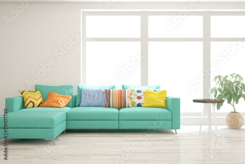 White living room with sofa. Scandinavian interior design. 3D illustration