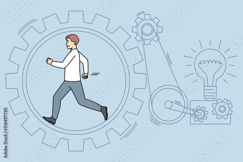 Businessman running in cogwheel generating creative business ideas. Man walk hurry in gear producing project startup or innovation. Motivation and hard work. Vector illustration. 