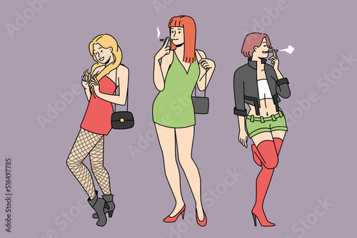 Group of girls in short dresses standing on street at night. Female prostitutes work outside. Vulgar girls in open apparel. Vector illustration. 