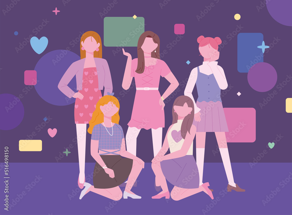 Korean Kpop girl groups are standing on stage in an ending pose. flat