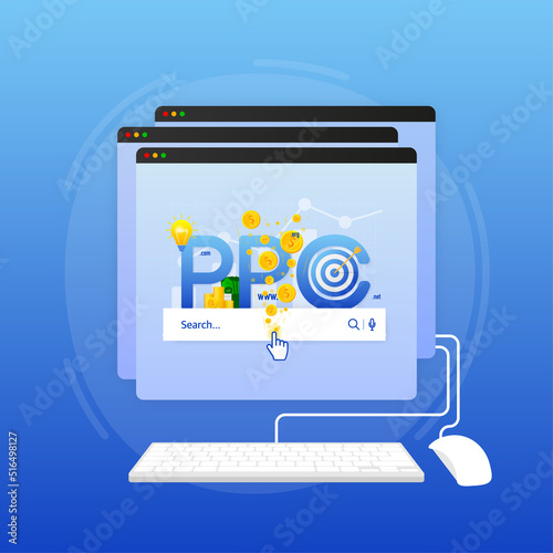 Cartoon illustration on blue backdrop. Abstract ppc for marketing advertising design. Isometric illustration.