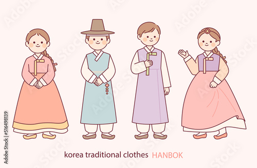 Round faces and cute characters. She is wearing a beautiful Korean hanbok. outline simple vector illustration.