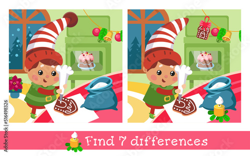 Find 7 differences. Game for children. Cute gnome prepare Christmas cake and cookies, cartoon style character. Vector hand drawn illustration.