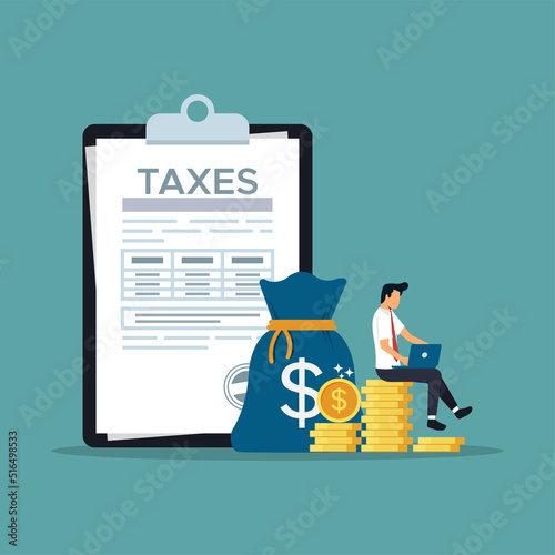 Tax report concept, businessman filling tax form documents online, tax day vector illustration