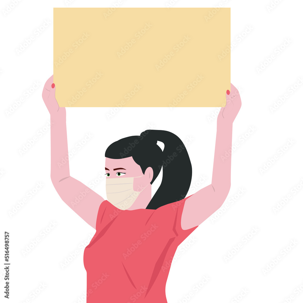 Human rights. Feminist protest. Young womanl with a poster in a protective mask. Flat vector illustration, clip art