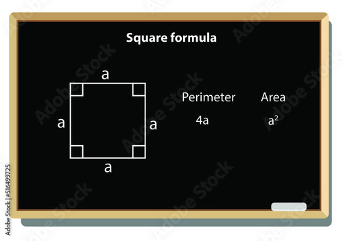 The perimeter of the given square is a+a+a+a = 4a units. Hence, the formula of the perimeter of a square = 4 × length of any one side. Geometric figures on black school board vector background.  photo