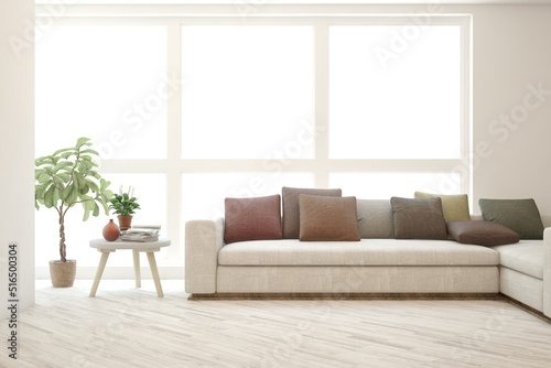 White living room with sofa. Scandinavian interior design. 3D illustration