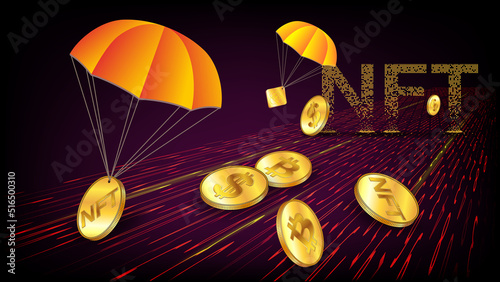 Futuristic free distribution of collectible NFT non fungible token with receding perspective on the red digital road and golden coins of Bitcoin, NFT and Dollars with parachutes.