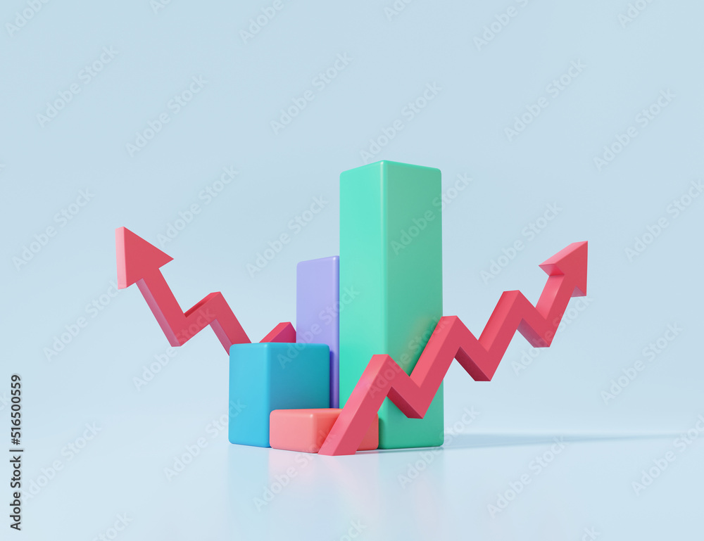 3d Arrow graph icon minimal style on sky blue background. data analysis Optimization growth statistics financial grow stock market To invest business development concept. 3D render illustration 3d Arrow graph icon minimal style on sky blue background. data analysis Optimization growth statistics financial grow stock market To invest business development concept. 3D render illustration