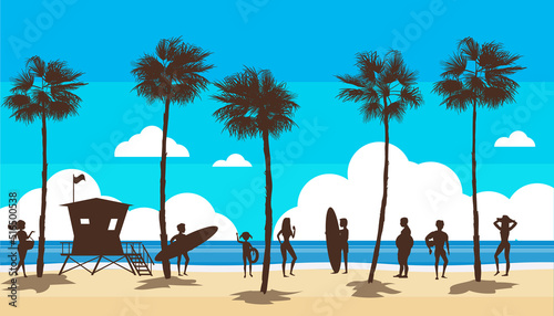 Beach landscape with Lifeguard Station, people on vacation. Palms, sea, ocean, coast view