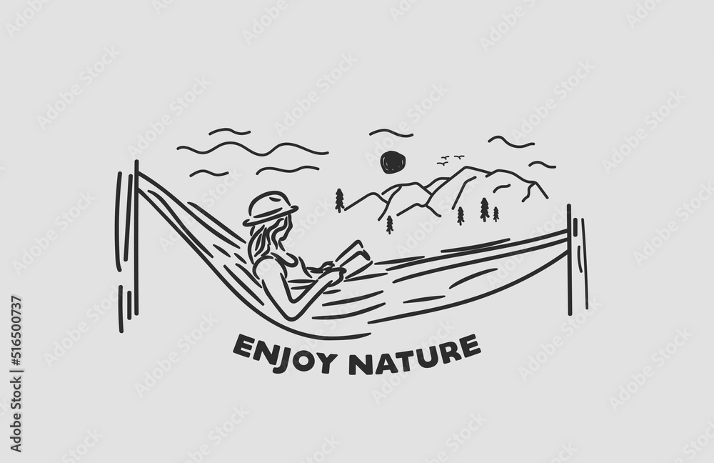 woman relaxing in hammock with nature view hand drawn vintage woman relaxing in hammock with nature view hand drawn vintage