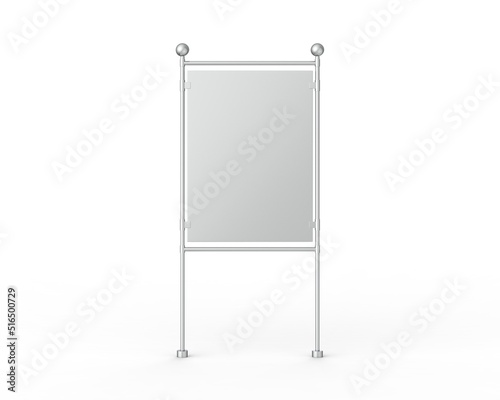 Metallic outdoor advertising stand mockup, glossy street signage board mock up template on isolated white background, 3d illustration