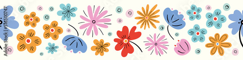 Flower pattern background vector border, trendy seamless repeat design banner of hand drawn flowers. 