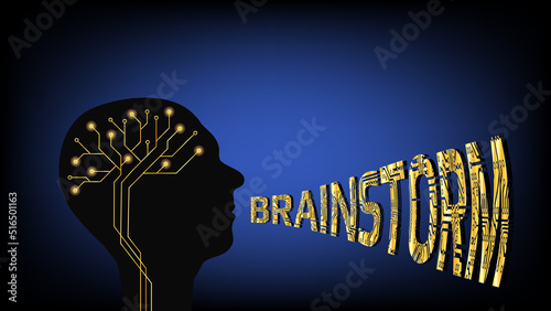 Silhouette of human head with golden digital brain and word brainstorm from the mouth on dark blue background. Concept of finding new solutions and answers to questions.