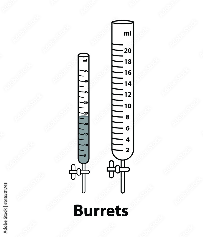two Burettes one fills liquid. and without fill. vector. with measuring