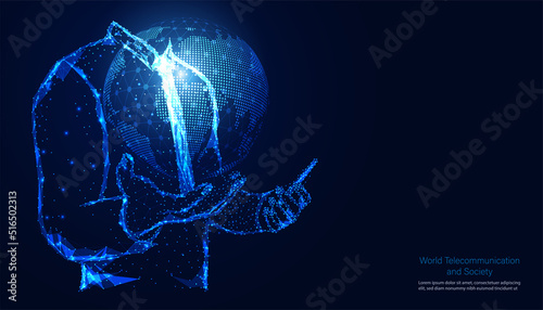 Abstract Businessman Polygon and the World Concept World Telecommunication and Society Day, May 17 Communication is essential to building this technology to facilitate Access everywhere.