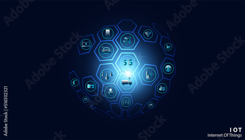 Abstract Internet of things Concept city 5G.IoT Internet of Things communication network Innovation Technology Concept Icon. Connect wireless devices and networking Innovation Technology. © Tex vector