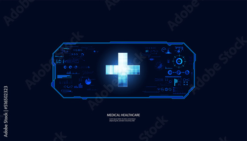 Abstract health science consist health plus and hud interface digital technology concept  modern medical on hi tech future blue background.