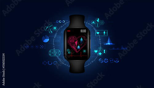 Abstract Black smart watch icon Healthcare includes Medical Medicine ECG Blood oxygen level concept, modern medical technology and modern care equipment.