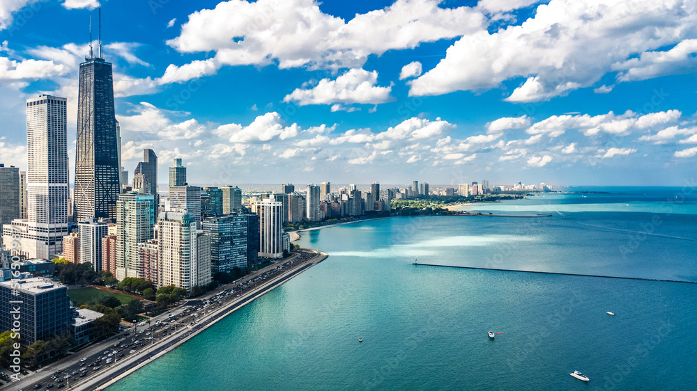 Obraz premium Chicago skyline aerial drone view from above, city of Chicago downtown skyscrapers and lake Michigan cityscape, Illinois, USA 