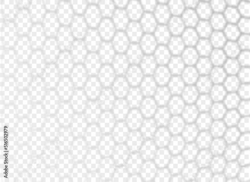 Overlay shadow of hexagonal rabitz net. Fence reflection on transparent background. Blurred silhouette of grid. Vector illustration. EPS10