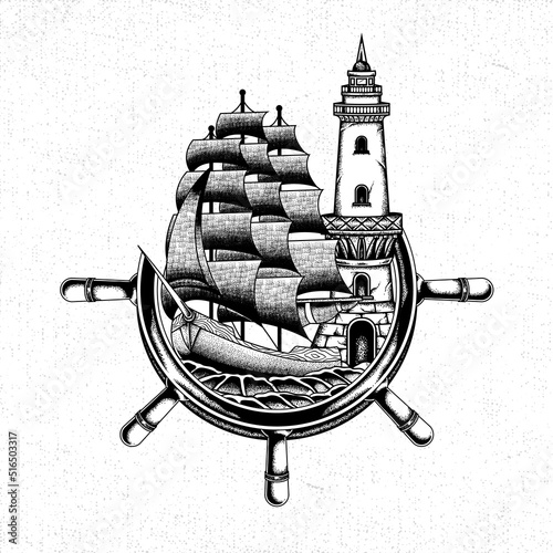 Vintage nautical with ship and lighthouse illustration detailed and easy to edit