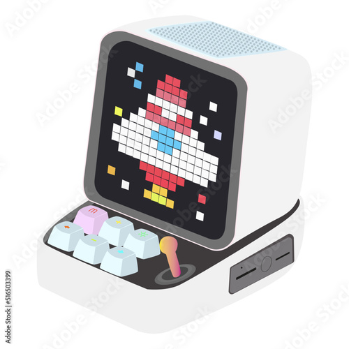 Vector flat illustration. Portable wireless trendy white and blue speaker isolated on white background. A new model with a screen with a rocket on it. The concept of listening to music on the street.