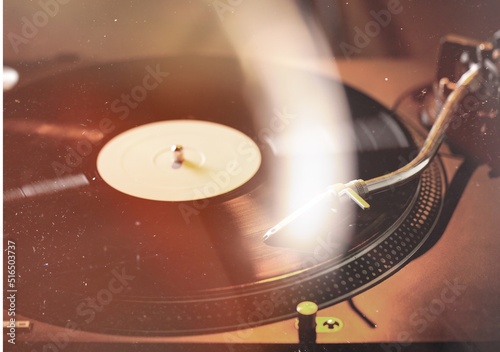 Vinyl record player. Old school style cinemagraph vinyl record player.