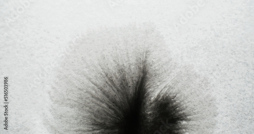 Black water ink. Grunge texture overlay. Dirt fluid splatter. Dark paint drop blot on white weathered paper grain surface abstract copy space background.