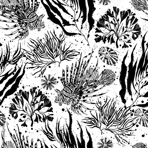 Black marine seamless pattern with lionfish, seaweed, seashell. Black ink texture. Spots and splashes on a separate layer.