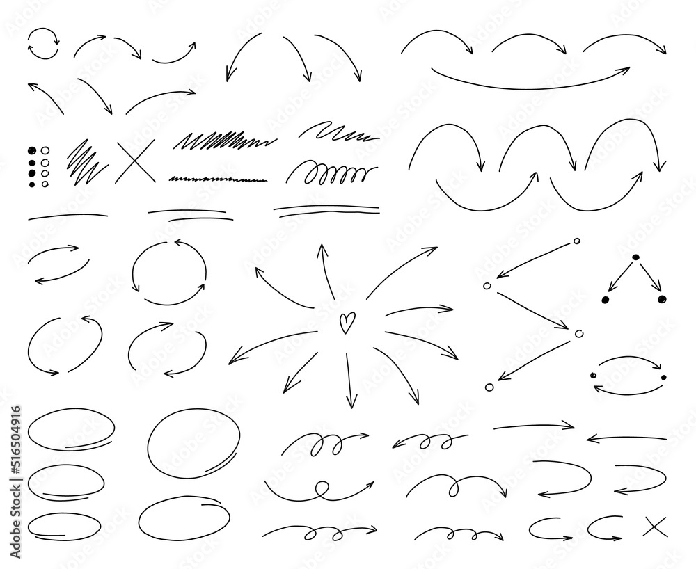 Hand drawn thin line arrows and highlight design elements. Vector line doodles isolated on white background.