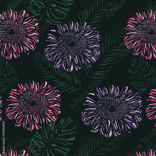 Seamless floral pattern of african violet color, fandango pink color gerbera flower with green pantone color swiss cheese plant leaf and palm leaf on dark jungle green color background. textile design