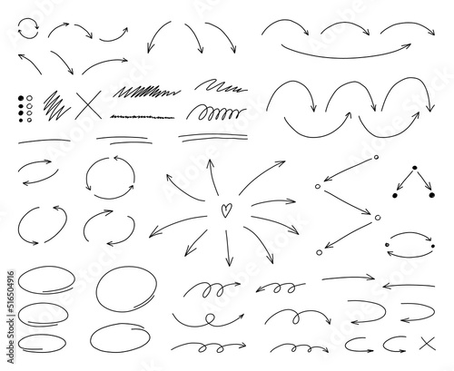 Hand drawn thin line arrows and highlight design elements. Vector line doodles isolated on white background.