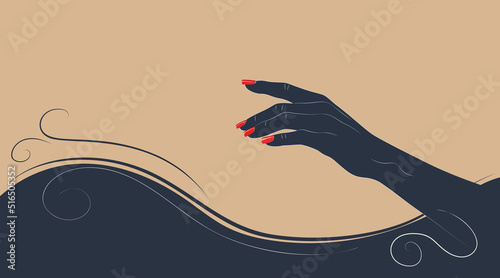 Hand silhouette with red nails and swirls