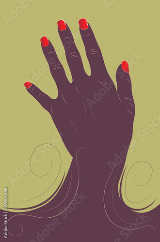 Hand silhouette with red nails and swirls