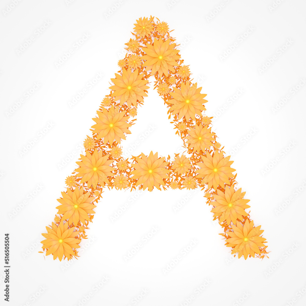 Capital letter A made from orange flowers and petals isolated on white background. Design element. Floral font. Flowers letters. Summer font. 3d illustration Capital letter A made from orange flowers and petals isolated on white background. Design element. Floral font. Flowers letters. Summer font. 3d illustration