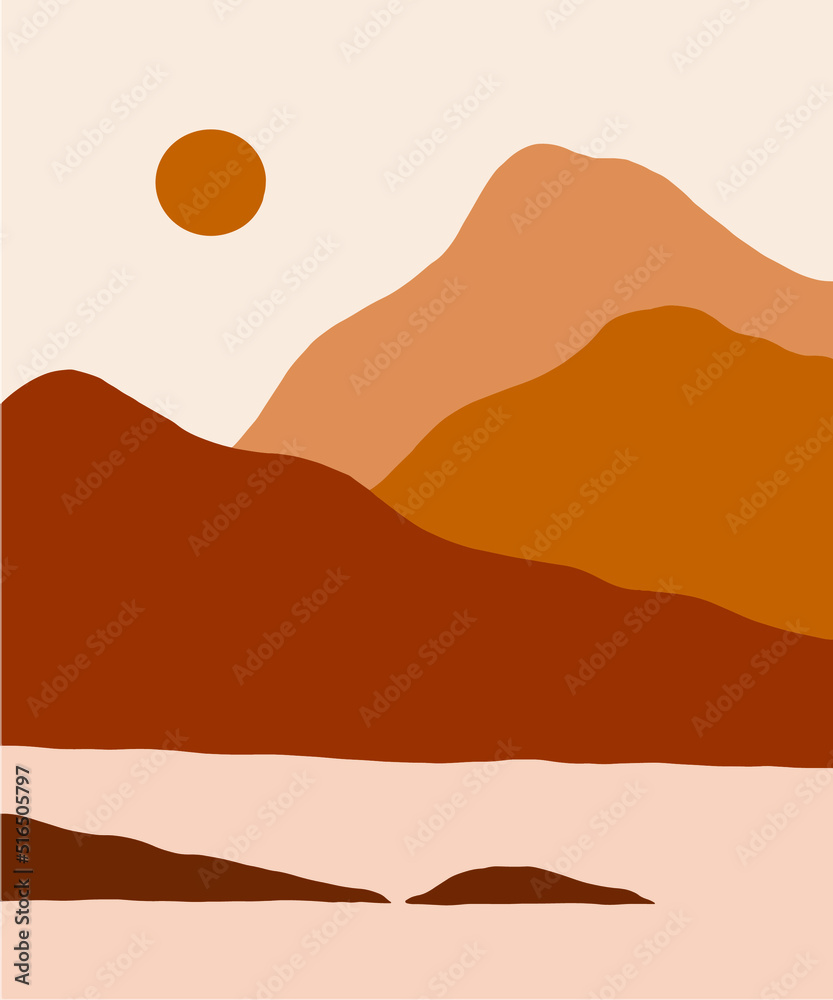 abstact wavy shapes mountain and hills landscapes, vector illustration scenery in earthy and terracotta color palette 