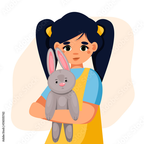 Little girl holding toy bunny in her hands. Charity society protecting, upbringing assistive aid orphans organization. Concept of charitable support of children. Vector illustration.
