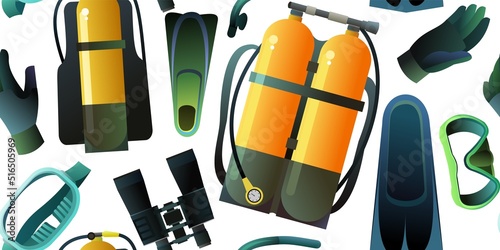 Diving kit with oxygen tank in mask and fins. Set of equipment for swimming and diving. Seamless pattern. Object isolated on white background. Vector