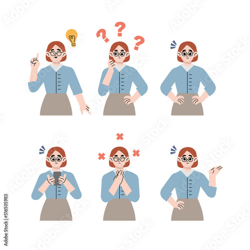 Vector illustration in flat style - problem solving concept - business woman, office worker thinking - with question mark and light bulb icons-creative idea -  various facial expressions and poses. 