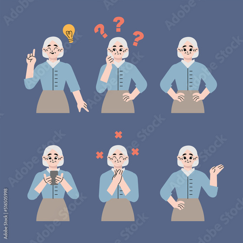 Vector illustration in flat style - problem solving concept - old woman, grand, thinking - with question mark and light bulb icons-creative idea -  various facial expressions and poses.