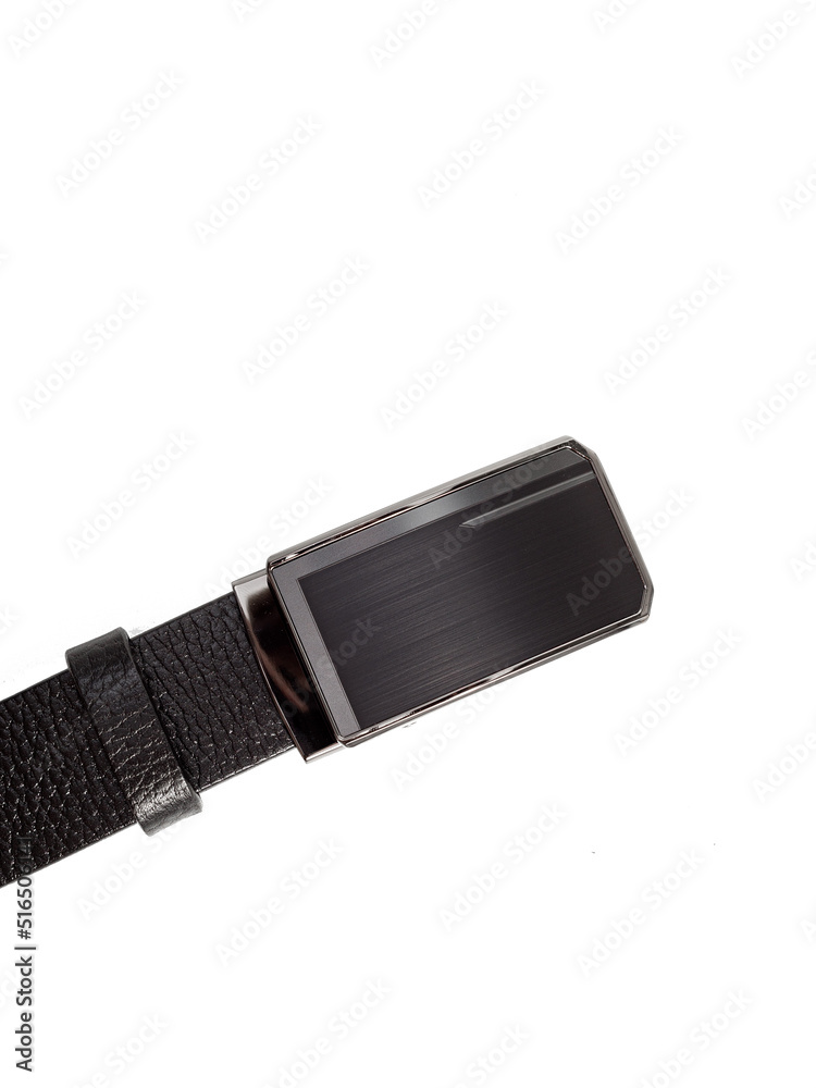 black men's leather belt on isolated white background
