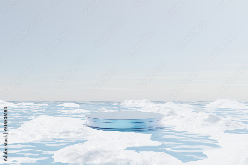 3D rendering, Platform and natural podium floating on the lake with ice snow, sky and cloud. backdrop for product display and showcase, landscape scene background 3D rendering, Platform and natural podium floating on the lake with ice snow, sky and cloud. backdrop for product display and showcase, landscape scene background