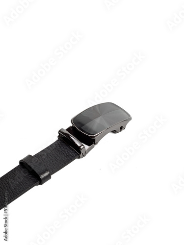 black men's leather belt on isolated white background