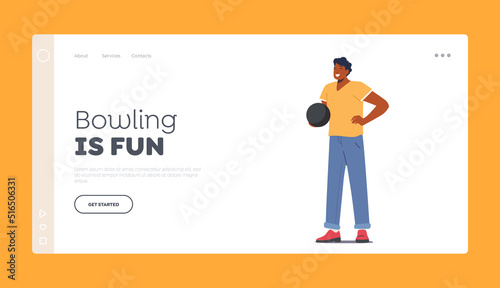 Bowling Fun Landing Page Template. Male Character Spend Time on Weekend Playing Bowling, Man Hold Ball in Bowling Club