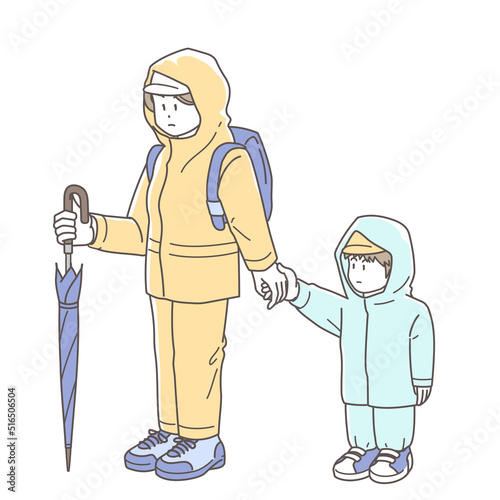 豪雨災害による避難時の服装のイメージイラスト（母親と子供）
