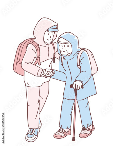 豪雨災害による避難時の服装のイメージイラスト（高齢者と介助する男性）