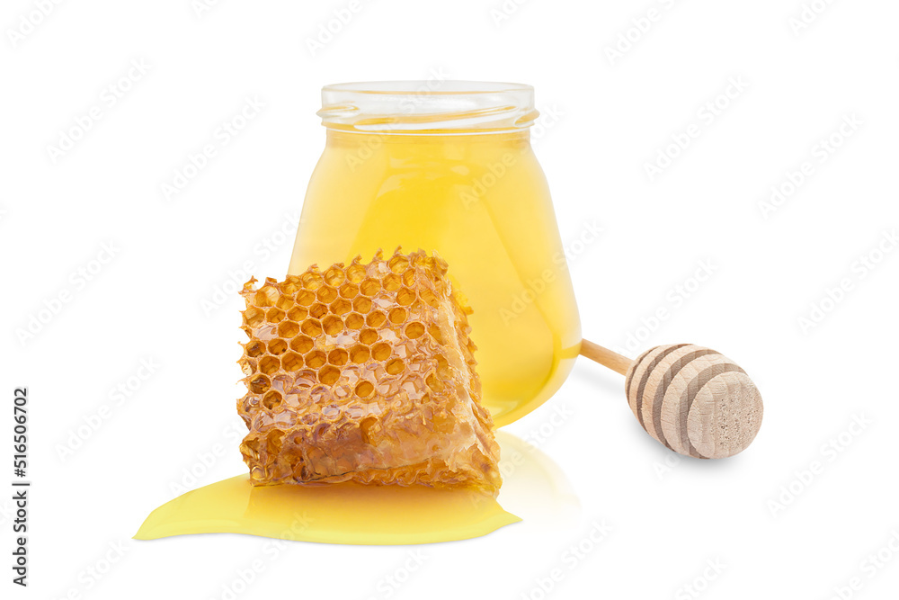 isolate jar with fresh yellow honey and nearby honey stick isolate jar with fresh yellow honey and nearby honey stick